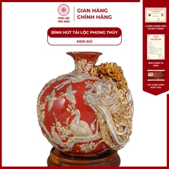 Bình Hút Lộc Phú Quý Trường Xuân Men Đỏ Họa Tiết Trắng Vẽ Vàng Gốm Sứ Bát Tràng - Phúc Lộc Viên Minh