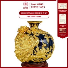 Bình Hút Lộc Phú Quý Trường Xuân Men Xanh Coban Dát Vàng Gốm Sứ Bát Tràng - Phúc Lộc Viên Minh