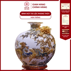 Bình Hút Lộc Mã Đáo Thành Công Men Trắng Vẽ Vàng Gốm Sứ Bát Tràng - Phúc Lộc Viên Minh