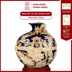 Bình Hút Lộc Cá Chép Vượt Vũ Môn Men Xanh Coban Họa Tiết Trắng Vẽ Vàng Gốm Sứ Bát Tràng - Phúc Lộc Viên Minh