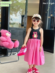 Đầm sát nách phối chân váy xoè in gấu dâu cho bé từ 10-40Kg