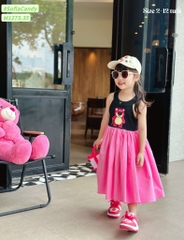 Đầm sát nách phối chân váy xoè in gấu dâu cho bé từ 10-40Kg