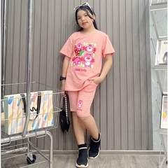 Bộ ngố bé gái cotton in hình Gấu Dâu (47-65Kg)