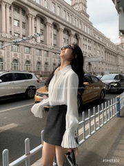 ÁO SƠ MI DẬP LI TAY NƠ BUỘC NỮ SẴN
