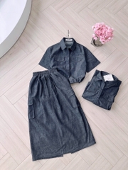 SET ÁO SƠ MI  TAY LỠ PHỐI TÚI HỘP MIX CHÂN VÁY DÀI NỮ