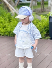 SET 4 CHI TIẾT ÁO SƠ MI SỌC XANH+ QUẦN ĐÙI+ÁO BALO+MŨ BÉ TRAI