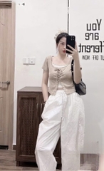 SET LEN HÀN MỎNG ÁO PHỐI MIX DÂY CÁCH ĐIỆU KÈM QUẦN NỮ