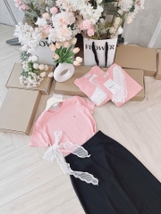 SET ÁO THUN HỒNG PHỐI CV ĐEN NỮ SẴN