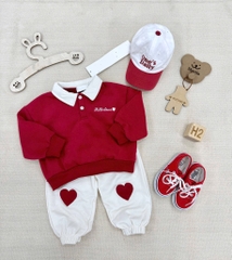 SET BỘ DÀI ÁO POLO ĐỎ PHỐI CỔ TRẮNG QUẦN NỈ TRẮNG BÉ TRAI BÉ GÁI