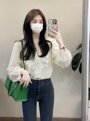 ÁO BÈO PHỐI REN CÚC BỌC LI TAY NỮ SẴN(SALE 79k)