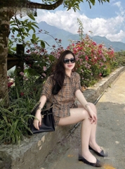 SET KẺ NÂU TAY KHUY MIX SHORT NỮ SẴN