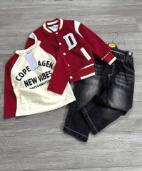SÉT DÀI 3 MÓN COVER NEW ÁO KHOÁC BOMBER ĐỎ ÁO PHÔNG QUẦN JEAN BÉ TRAI