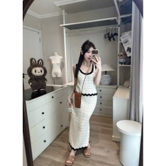 SET ÁO MIX CHÂN VÁY LEN MÀU KEM VIỀN ĐEN NỮ