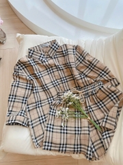SET KẺ NÂU TAY KHUY MIX SHORT NỮ SẴN