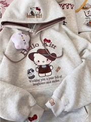 ÁO NỈ HAI DA THÊU KITTY – MŨ 2 LỚP DÀI TAY SIÊU XINH BÉ GÁI