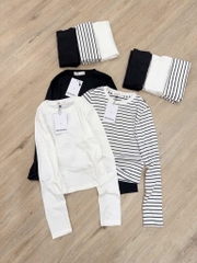 SET 3 ÁO THUN ZIP BSKK ĐEN KẺ TRẮNG NỮ THU ĐÔNG