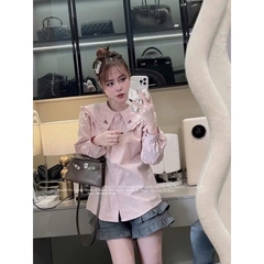 ÁO SƠ MI HỒNG CỔ THÊU HOA NỮ SẴN (SALE 75k)