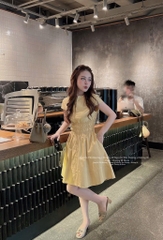 VÁY CỔ CAO TAY CỘC NHÚN EO NỮ