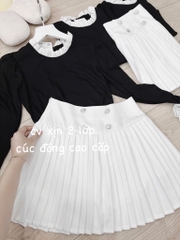 SET ÁO LEN CỔ REN MIXX CV XẾP LI CÚC ĐỒNG NỮ THU ĐÔNG SẴN