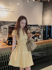 VÁY CỔ CAO TAY CỘC NHÚN EO NỮ