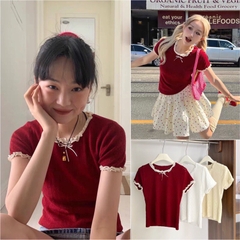 ÁO NỮ LEN LẠNH PHỐI REN BÈO ĐÍNH NƠ(xả 39k)