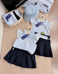 SET VAY POLO THÊU NGỰA XANH KÈM MŨ BÉ GÁI SẴN (SALE 85k)