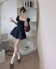 VÁY JEAN DENIM DÁNG XOÈ ĐÍNH 2 NƠ