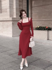 VÁY LEN MIDI CỔ VUÔNG ĐAN(xả 128k)