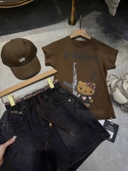 SET ÁO PHÔNG NÂU TÂY HELLO KITTY KÈM QUẦN ĐÙI NỮ
