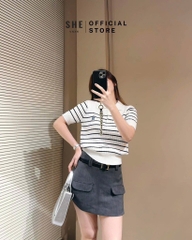 ÁO LEN KẺ THÊU GẤU CỘC TAY NỮ SẴN (SALE 95k)
