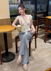SET ÁO BÈO CỔ V REN KÈM QUẦN ỐNG SUÔNG SỌC NỮ