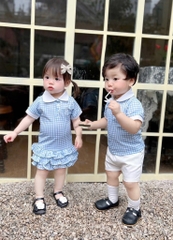 VÁY KẺ VÀ ÁO KẺ XANH BÉ TRAI BÉ GÁI (SALE 59k)