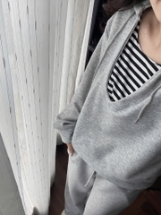 SET BỘ XÁM ÁO HOODY CỔ PHỐI KẺ NỮ THU ĐÔNG SẴN