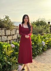 VÁY LEN MIDI CỔ VUÔNG ĐAN(xả 128k)
