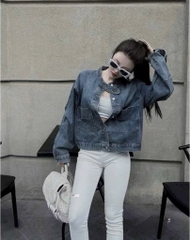ÁO KHOÁC JEANS NỮ TÚI NGỰC CỔ TÀU THU ĐÔNG