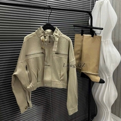 ÁO KHOÁC JEANS NỮ CỔ TÀU TÚI TRƯỚC KÉO KHOÁ THU ĐÔNG