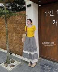 SET BỘ NỮ ÁO COTTON VÀNG MIUMIU MIX CHÂN VÁY KẺ