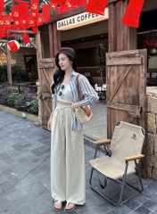 SET 3 MÓN ÁO SƠ MI KẺ QUẦN SUÔNG VÀ ÁO QUÂY NỮ