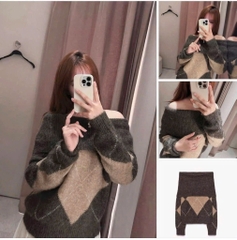 ÁO LEN TRỄ VAI PHỐI MÀU NÂU BE NỮ THU ĐÔNG