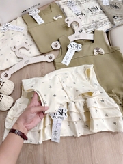 VÁY BÈO 3 TẦNG COTTON XANH RÊU VÀ CHẤM BI BÉ GÁI