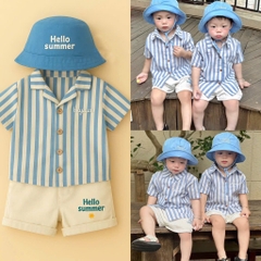 SET ÁO SƠ MI KẺ XANH QUẦN ĐÙI HELLO SUMMER BÉ TRAI