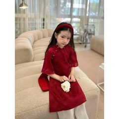 ÁO DÀI GẤM ĐỎ PHỐI NƠ NGỌC TRAI KÈM MẤN BÉ GÁI SẴN (SALE 70k)