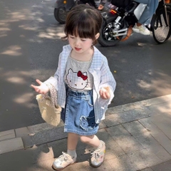 SÉT 3 CHI TIẾT ÁO 2 DÂY SƠ MI KẺ QUẦN VÁY JEAN KITTY BÉ GÁI