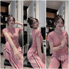 SET BỘ HỒNG ÁO BABY TEE QUẦN SUÔNG KẺ SỌC NỮ