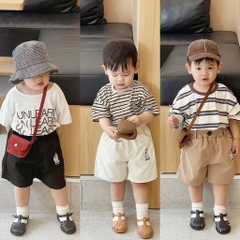 SET 3 QUẦN ĐÙI KAKI THÊU GẤU ĐEN TRẮNG NÂU BÉ TRAI SẴN(XẢ 89k)