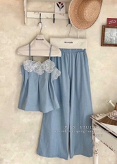 SET ÁO 2 DÂY ĐÍNH HOA KÈM QUẦN SUÔNG XANH NỮ