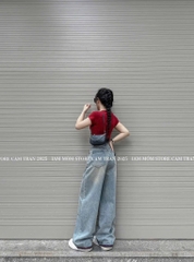 QUẦN SUÔNG JEAN NỮ PHỐI ĐỈA ĐỎ SẴN