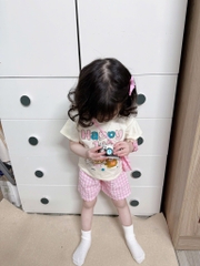 SÉT HAPPY 1/6 CHO BÉ TRAI BÉ GÁI MIX QUẦN CARO KÈM TÚI ĐEO CHÉO 3CT SẴN