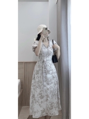VÁY CỔ V PHỐI KẺ KÈM ĐAI HAI LỚP SẴN
