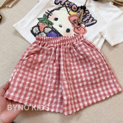 SET BỘ HELLO KITTY ZOZ WOW ÁO TRẮNG QUẦN SOOC CARO HỒNG BÉ GÁI SẴN